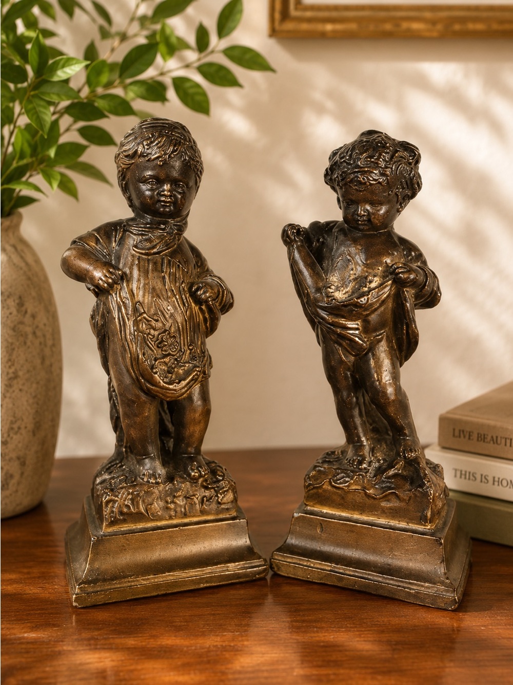 Vintage Bronze Finish Cherub Sculpture Set - Home Art Décor